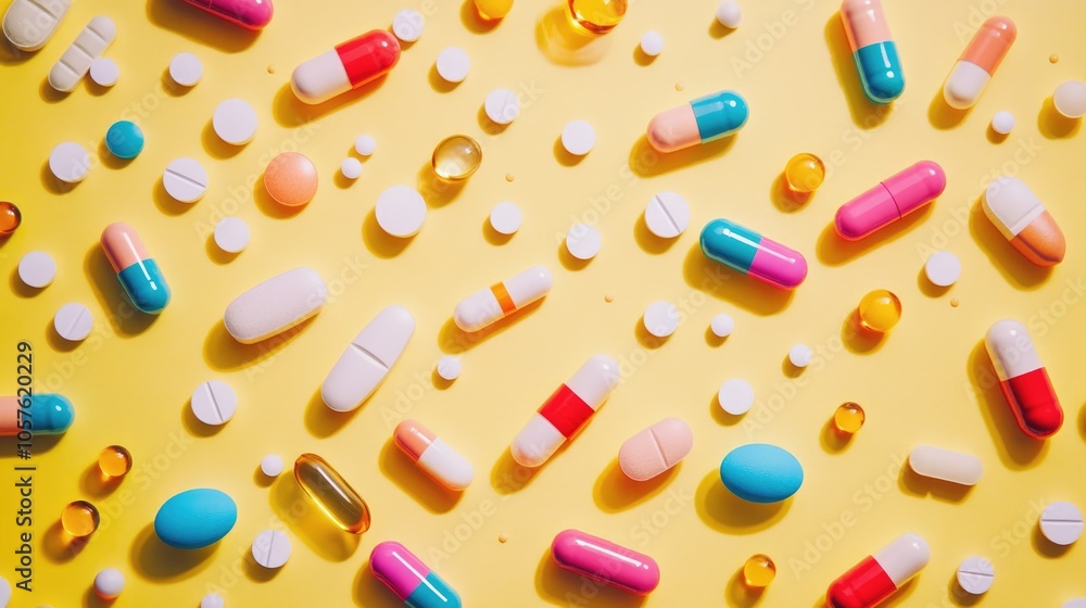 A vibrant assortment of pills and medications viewed from above A vibrant assortment of pills and medications viewed from above