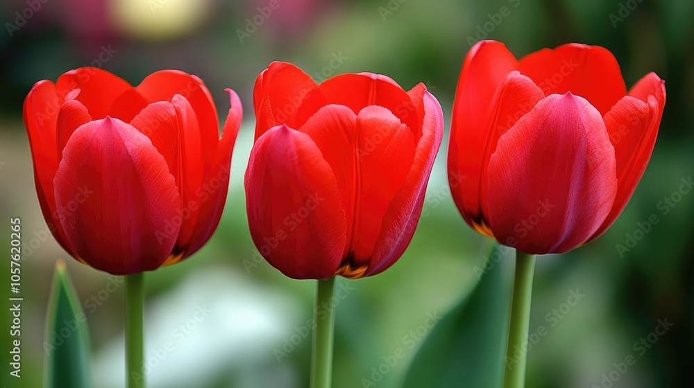 Three red tulips positioned close together Three red tulips positioned close together