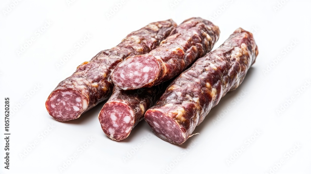 Iberian salami sausage isolated on a white background featuring rich flavors of Iberian pork Iberian salami sausage isolated on a white background featuring rich flavors of Iberian pork