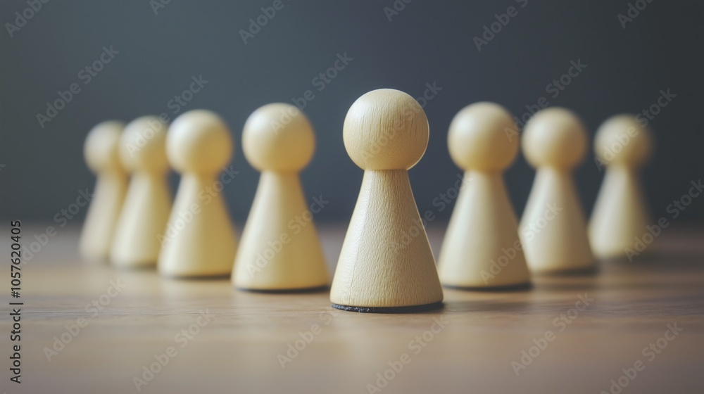 Row of wooden pawns with one pawn standing slightly in front of the others, representing leadership, teamwork, and standing out from the crowd in a business or organizational setting Row of wooden pawns with one pawn standing slightly in front of the others, representing leadership, teamwork, and standing out from the crowd in a business or organizational setting