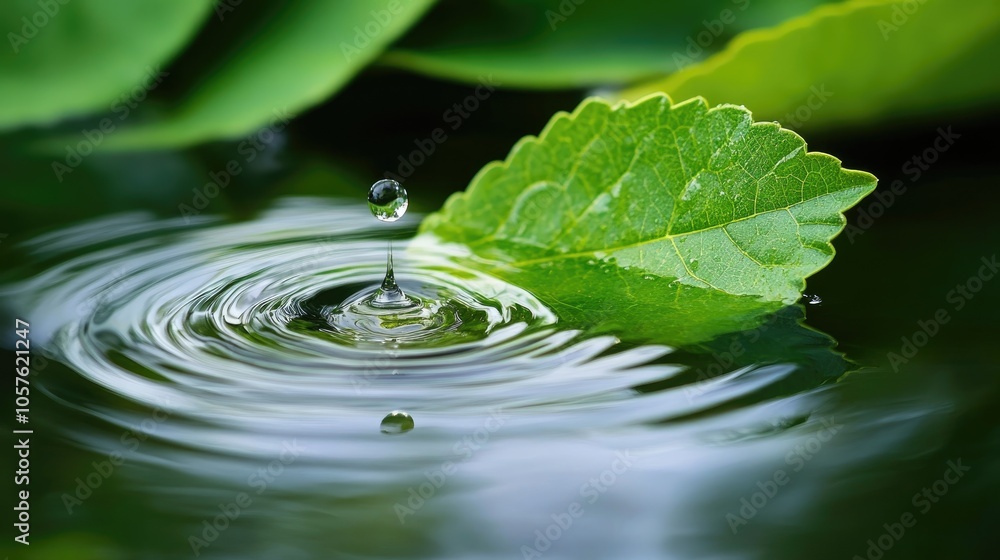A solitary droplet descends from a leaf forming ripples on the water s surface showcasing a peaceful harmony of nature A solitary droplet descends from a leaf forming ripples on the water s surface showcasing a peaceful harmony of nature