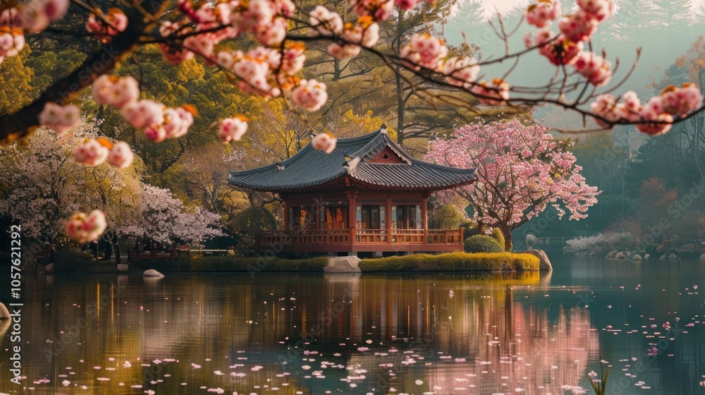 A small, wooden pavilion sits on a pond, surrounded by cherry blossom trees. Peaceful and serene. A small, wooden pavilion sits on a pond, surrounded by cherry blossom trees. Peaceful and serene.
