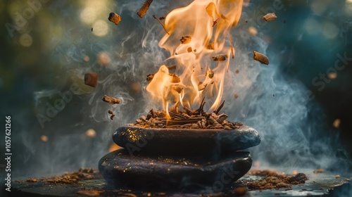 Flames dance above a blend of incense and stones representing the concept of divination photo