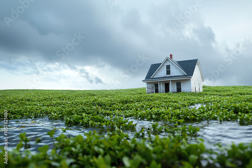 Floodwaters surround isolated farmhouse in rural landscape, evoking sense of solitude photo