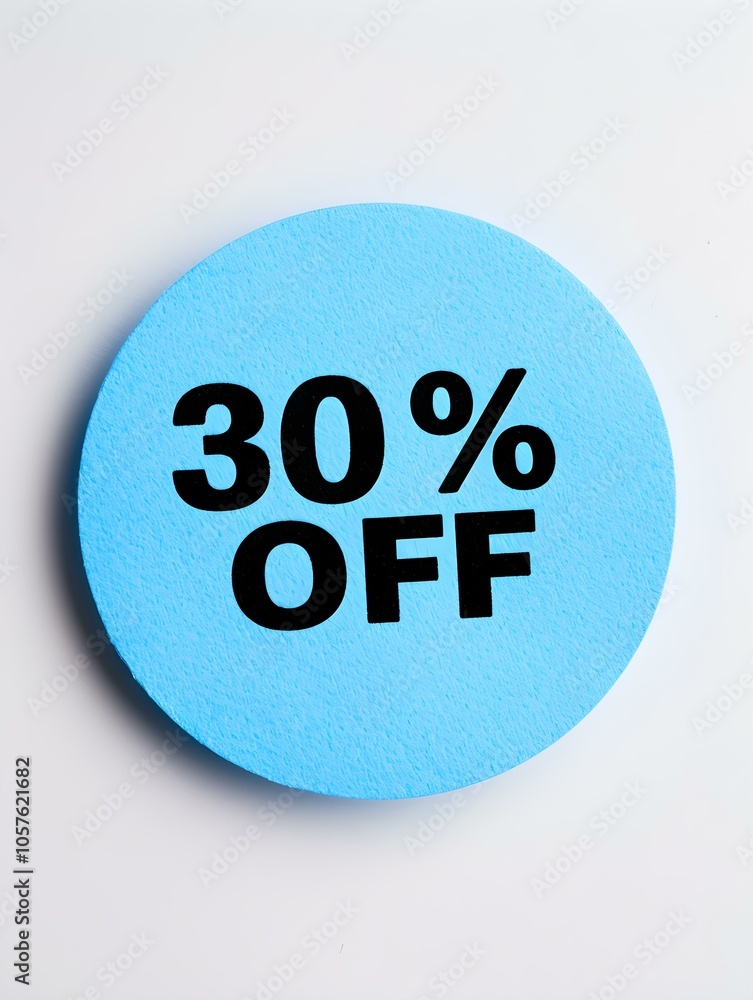 Black '30% OFF' Text on a Blue Round Paper Note. White Background Black '30% OFF' Text on a Blue Round Paper Note. White Background
