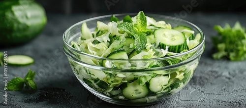 Fresh Cabbage Salad With Cucumber In Glass Bowl Spring Salad