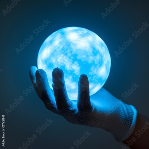 A Hand with White Glows Holding a Glowing Blue Orb in the Dark