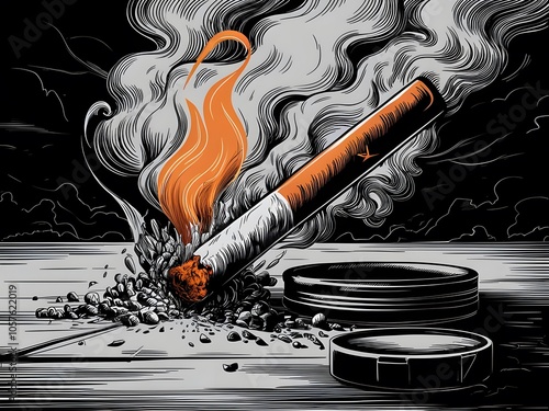 Image of Burning Cigarette with Smoke and Ash for No Smoking Awareness