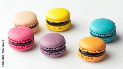 colorful macarons cookies on white background