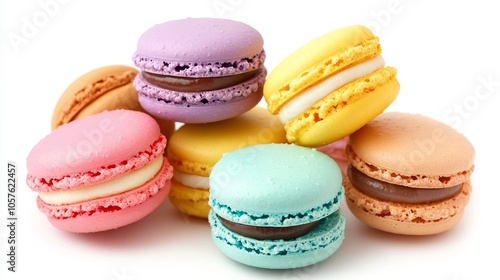 colorful macarons cookies on white background