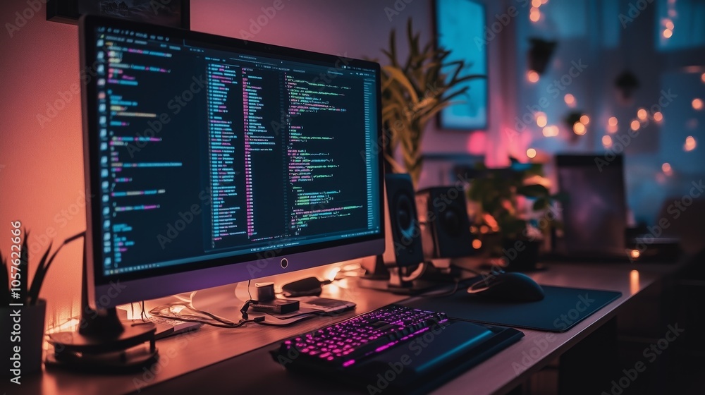 Modern computer with programming code on the monitor in a cozy room with plants, creating a productive workspace for coding tasks Modern computer with programming code on the monitor in a cozy room with plants, creating a productive workspace for coding tasks