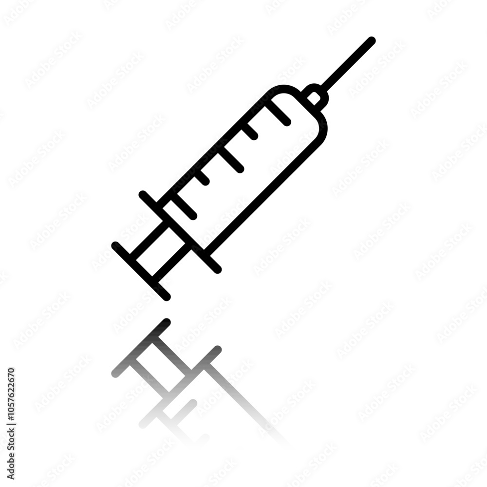 Syringe simple icon. Flat design. Black icon with mirror reflection. White background Syringe simple icon. Flat design. Black icon with mirror reflection. White background