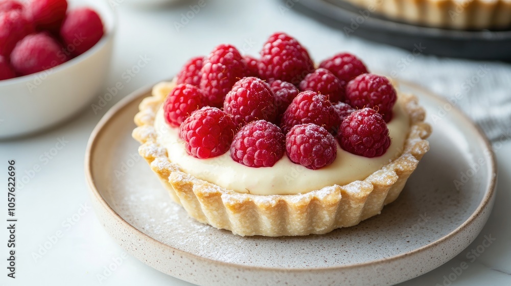 Cream filled tartlet topped with fresh raspberries on a plate Cream filled tartlet topped with fresh raspberries on a plate