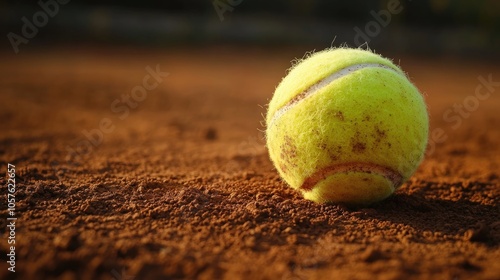 Close up of a tennis ball resting on a clay surface