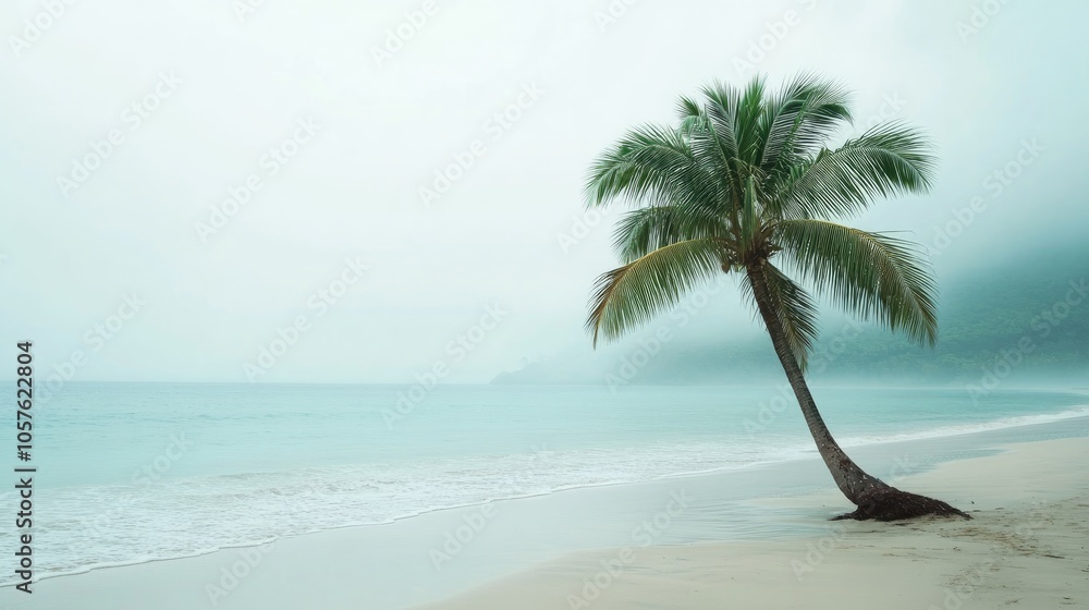 Obraz premium Solitary palm tree on a pristine beach with calm waters and mist creating a serene coastal landscape