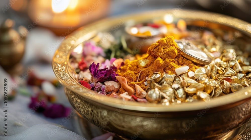 Elegant Gold Bowl Filled with Traditional Ayurvedic Ingredients Elegant Gold Bowl Filled with Traditional Ayurvedic Ingredients