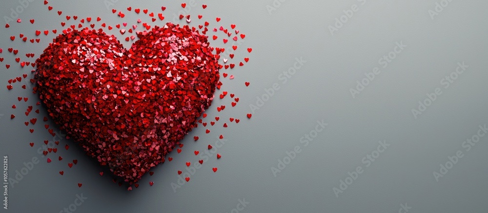 Red Heart Consists Of Small Confetti On Gray Background Simple Romantic Backdrop With Copy Space Red Heart Consists Of Small Confetti On Gray Background Simple Romantic Backdrop With Copy Space