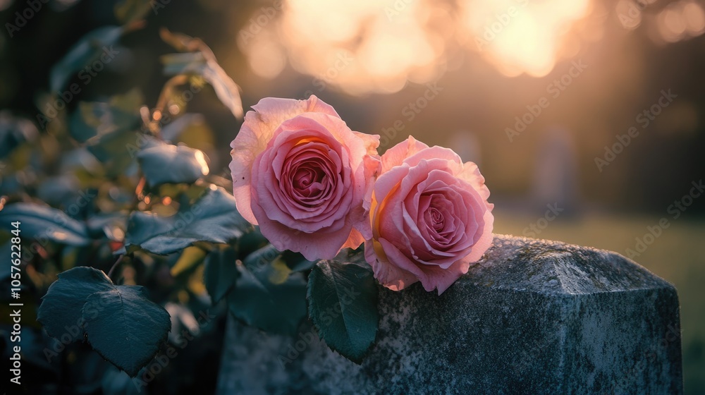 Delicate Pink Roses on a Grave Marker at Dawn Symbolizing Remembrance and Mourning Theme Delicate Pink Roses on a Grave Marker at Dawn Symbolizing Remembrance and Mourning Theme