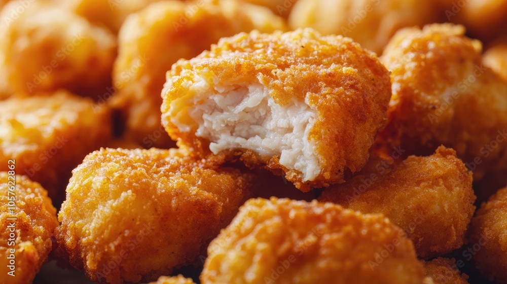 Close up view of crispy chicken nuggets with a fast food theme Close up view of crispy chicken nuggets with a fast food theme