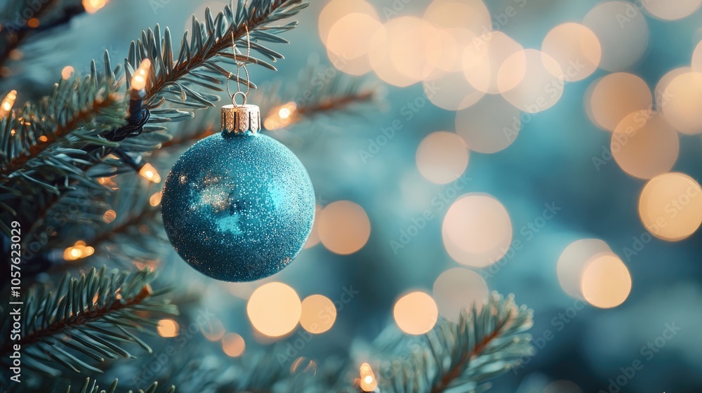 Christmas tree branch adorned with a blue bauble featuring a blurred bokeh light backdrop Christmas tree branch adorned with a blue bauble featuring a blurred bokeh light backdrop