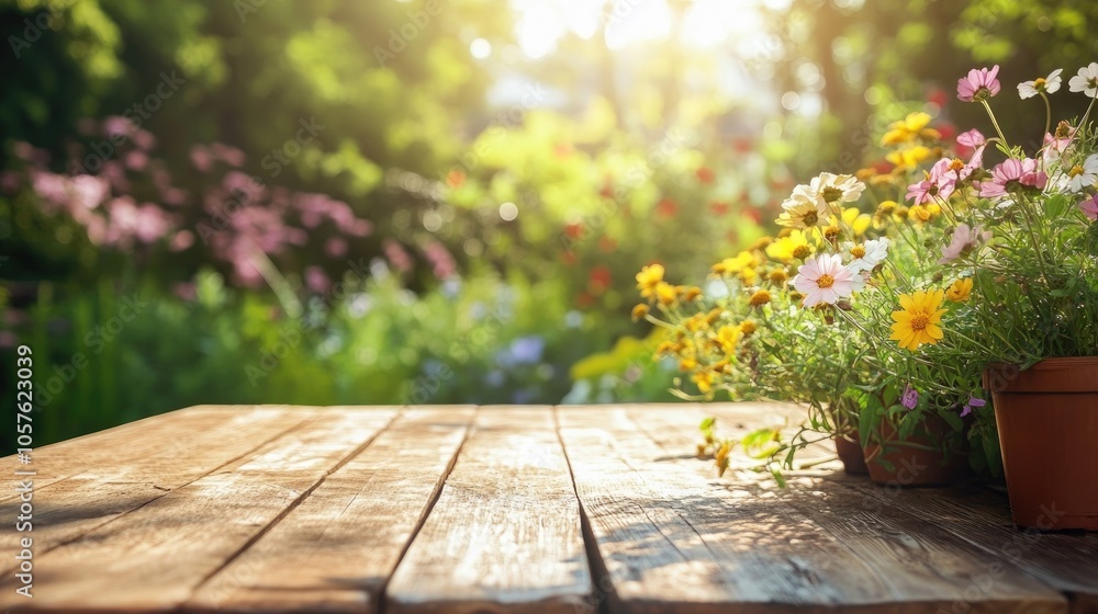 Rustic Wooden Table Surrounded by Flowers in a Bright Outdoor Garden Environment Rustic Wooden Table Surrounded by Flowers in a Bright Outdoor Garden Environment