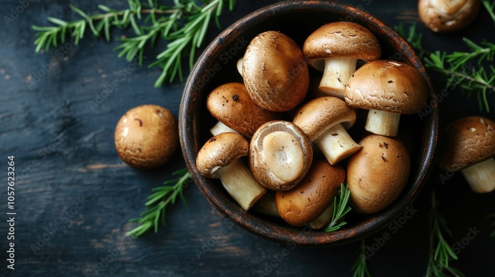 Fresh forest mushrooms with rosemary and parsley arranged in an antique bowl on a dark wooden table featuring Boletus edulis also known as porcini or penny bun Fresh forest mushrooms with rosemary and parsley arranged in an antique bowl on a dark wooden table featuring Boletus edulis also known as porcini or penny bun