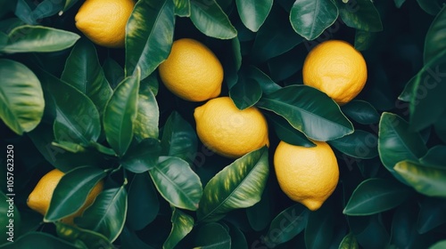 Vibrant yellow lemons nestled among lush green leaves on a citrus tree Fresh fruit showcasing nature s bounty photo