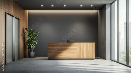 Modern reception area featuring gray walls and a wooden desk in an office hallway corner