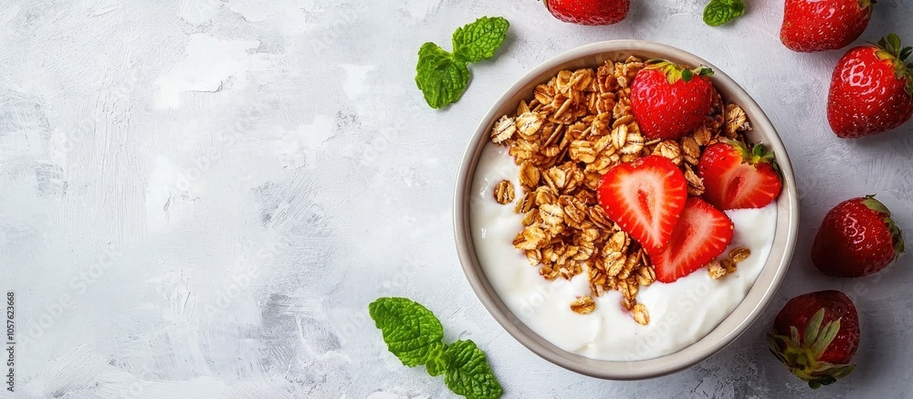 Top View Of Table With Bowl Of Granola Yoghurt And Strawberries Served For Delicious Breakfast In Morning Top View Of Table With Bowl Of Granola Yoghurt And Strawberries Served For Delicious Breakfast In Morning