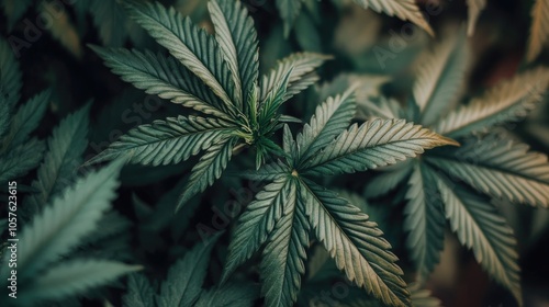 Close up of cannabis leaves showcasing the details of marijuana plants from a top perspective