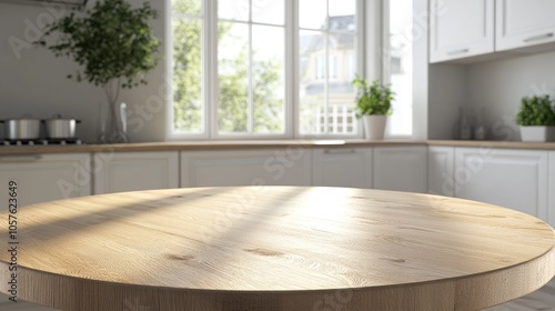 Empty round wooden table surface ideal for product showcasing in a bright clean kitchen illuminated by natural daylight