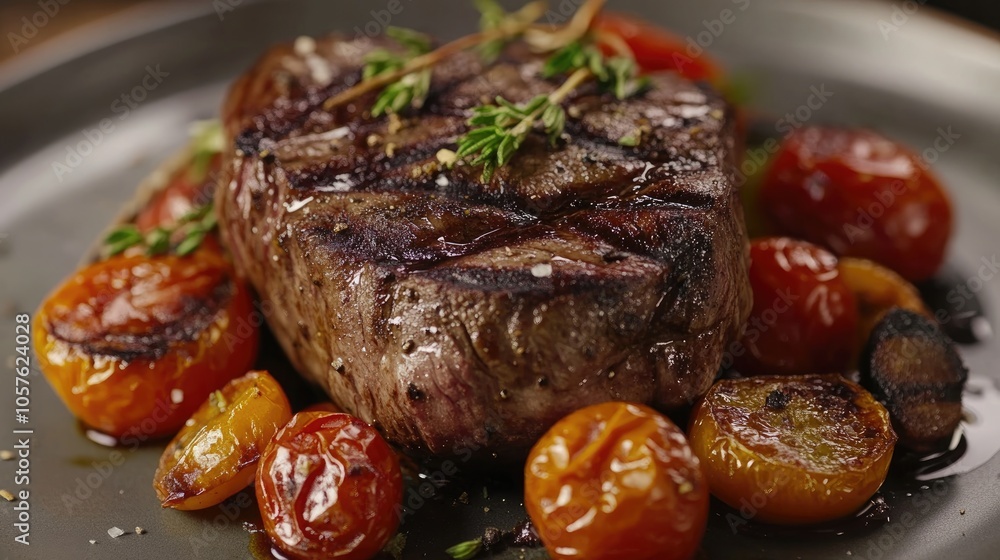 Thick juicy portions of grilled fillet steak accompanied by tomatoes and roasted vegetables Thick juicy portions of grilled fillet steak accompanied by tomatoes and roasted vegetables