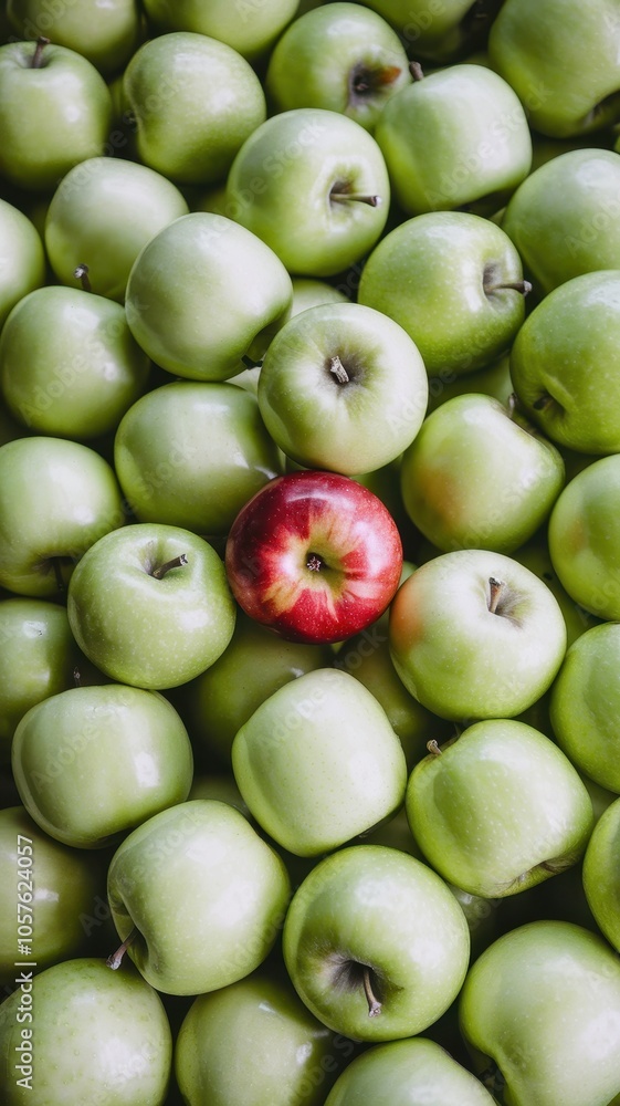 Green apples with a single red apple at the bottom of pile