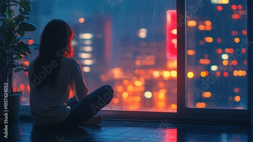 Lo-fi anime girl sitting by window listen to music, city neon skyline outside. Cool atmosphere animation manga style illustration wallpaper, sad rany night, chill jazz relax video streaming background photo