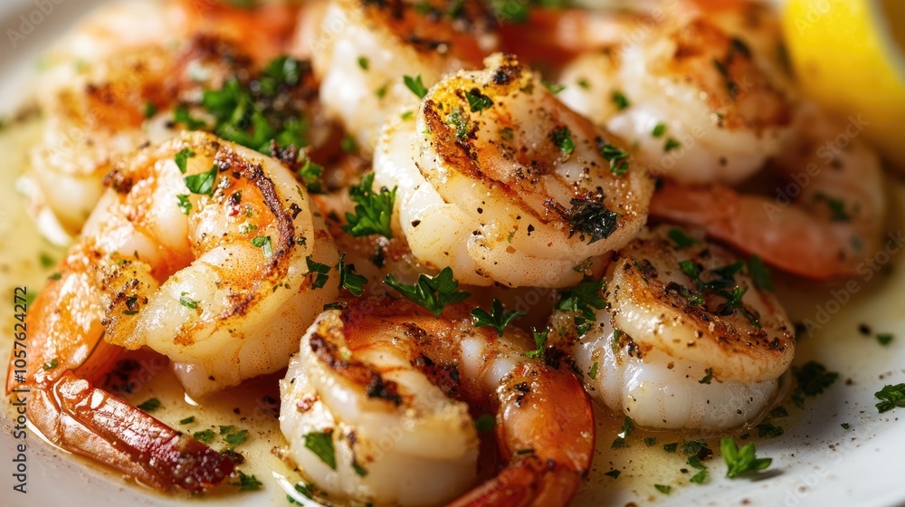 Crispy garlic shrimp garnished with parsley and a splash of lemon Crispy garlic shrimp garnished with parsley and a splash of lemon