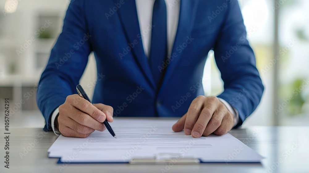 A professional man in a blue suit writes on a piece of paper, symbolizing business or formal communication. A professional man in a blue suit writes on a piece of paper, symbolizing business or formal communication.