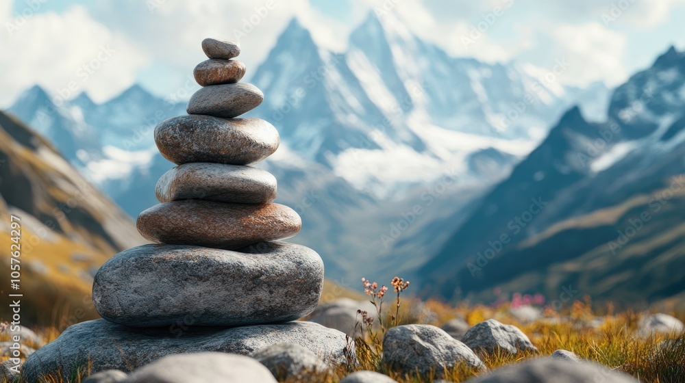 Cairns of Stones with a View of Majestic Alpine Peaks Cairns of Stones with a View of Majestic Alpine Peaks