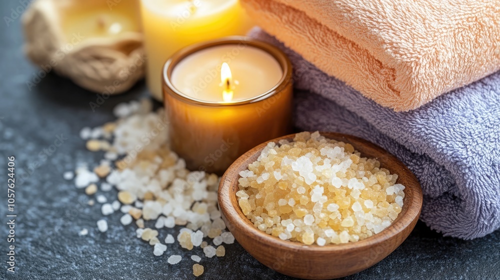 Close up of towels a candle and spa salt arranged together Close up of towels a candle and spa salt arranged together