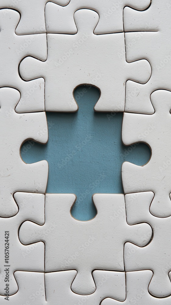 Close-up of jigsaw puzzle with one open missing piece Close-up of jigsaw puzzle with one open missing piece