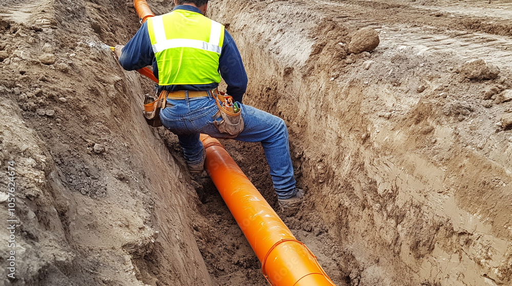 Construction Worker Installing Orange Drain Pipe in Trench Construction Worker Installing Orange Drain Pipe in Trench