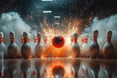 A striking bowling experience with a red ball igniting sparks in a vibrant al...