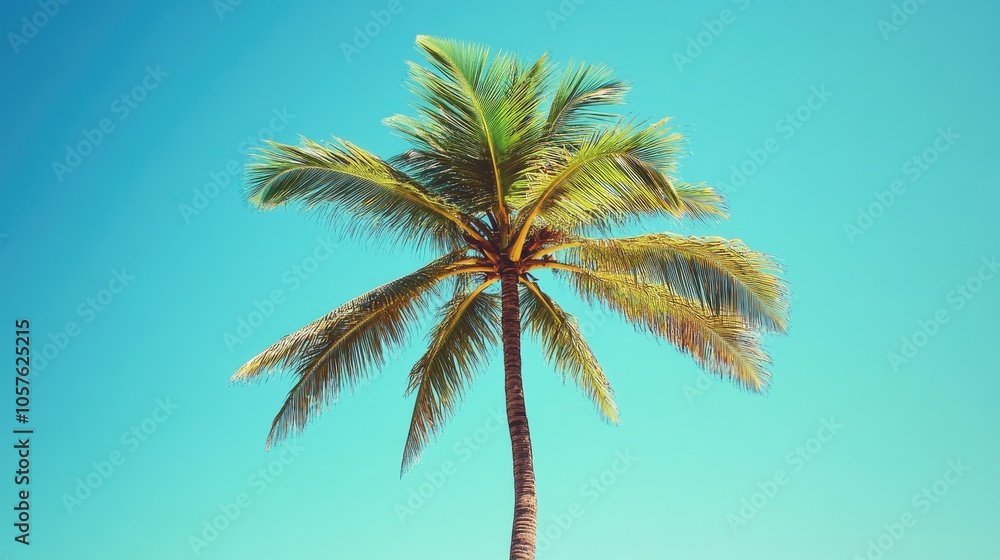 Obraz premium Coconut palm tree against a bright blue sky set in a retro style perfect for a travel themed design