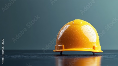 Bright yellow hard hat resting on a flat surface in an indoor setting during ...
