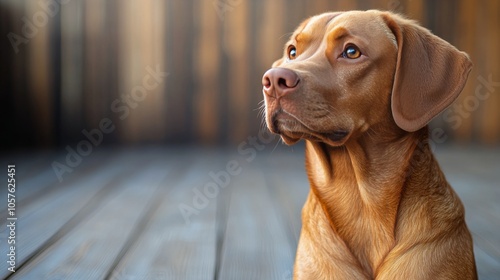 A loyal brown dog looking thoughtfully to the side in a rustic wooden setting