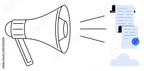 Megaphone projecting sound waves towards documents with a checklist and a cloud. Ideal for advertising communication marketing notifications announcements. Simple line art style