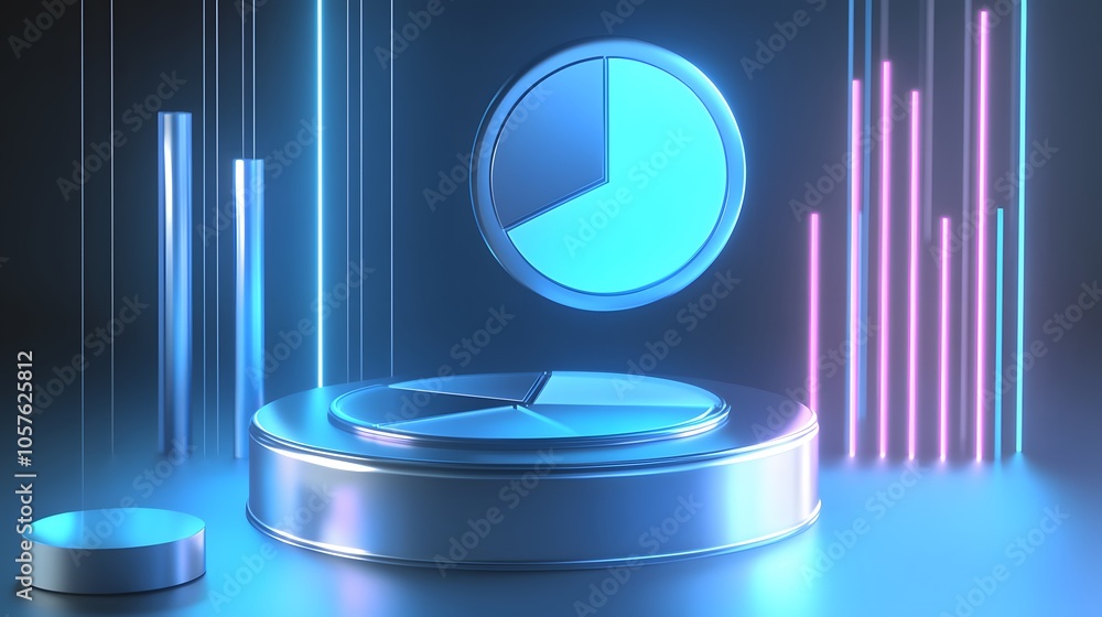 Cute isometric 3D image of 3D pie chart and bar chart in realistic metallic silver illuminated by neon blue. add floating, transparent charts and circular measurement tools. ensure perfect shapes and Cute isometric 3D image of 3D pie chart and bar chart in realistic metallic silver illuminated by neon blue. add floating, transparent charts and circular measurement tools. ensure perfect shapes and