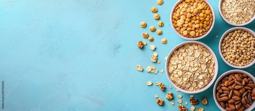 Food For Donations Cereals Healthy Food On A Blue Light Background Copy Space For Text Food For Donations Cereals Healthy Food On A Blue Light Background Copy Space For Text