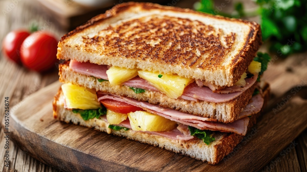Delicious toasted sandwich with ham pineapple tomato and cheese served on a wooden board Perfect for a healthy summer meal Delicious toasted sandwich with ham pineapple tomato and cheese served on a wooden board Perfect for a healthy summer meal