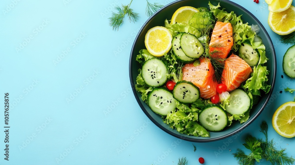 Fresh Salmon Salad with Crisp Lettuce and Cucumbers Perfect for a Keto or Paleo Diet A Top View with Lemon Accents on a Light Blue Background Featuring Space for Text Fresh Salmon Salad with Crisp Lettuce and Cucumbers Perfect for a Keto or Paleo Diet A Top View with Lemon Accents on a Light Blue Background Featuring Space for Text