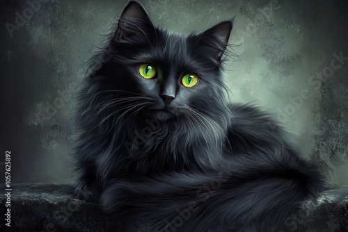 A black cat gazes thoughtfully into the distance on a misty evening in a quie...